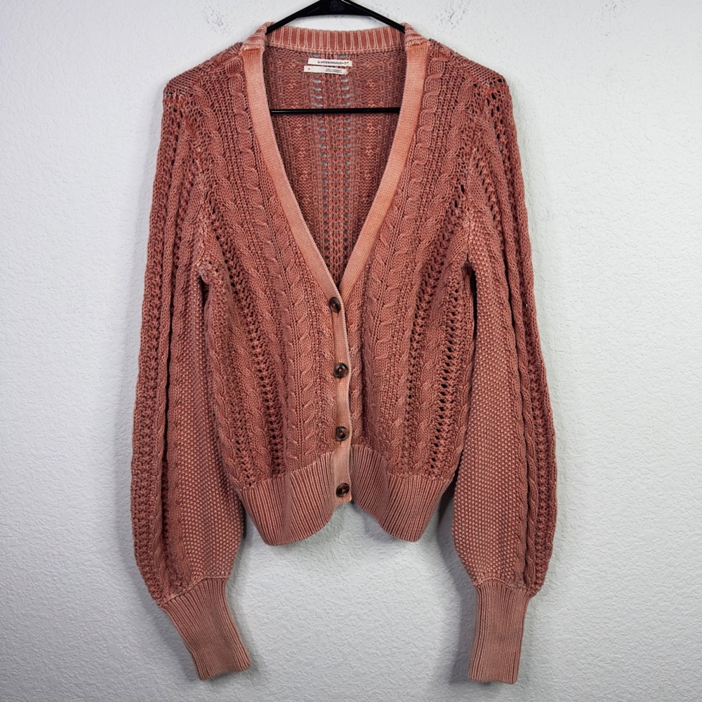 Anthropologie Cardigan Sweater Womens S Pink Knit Pointelle Boho Cottagecore